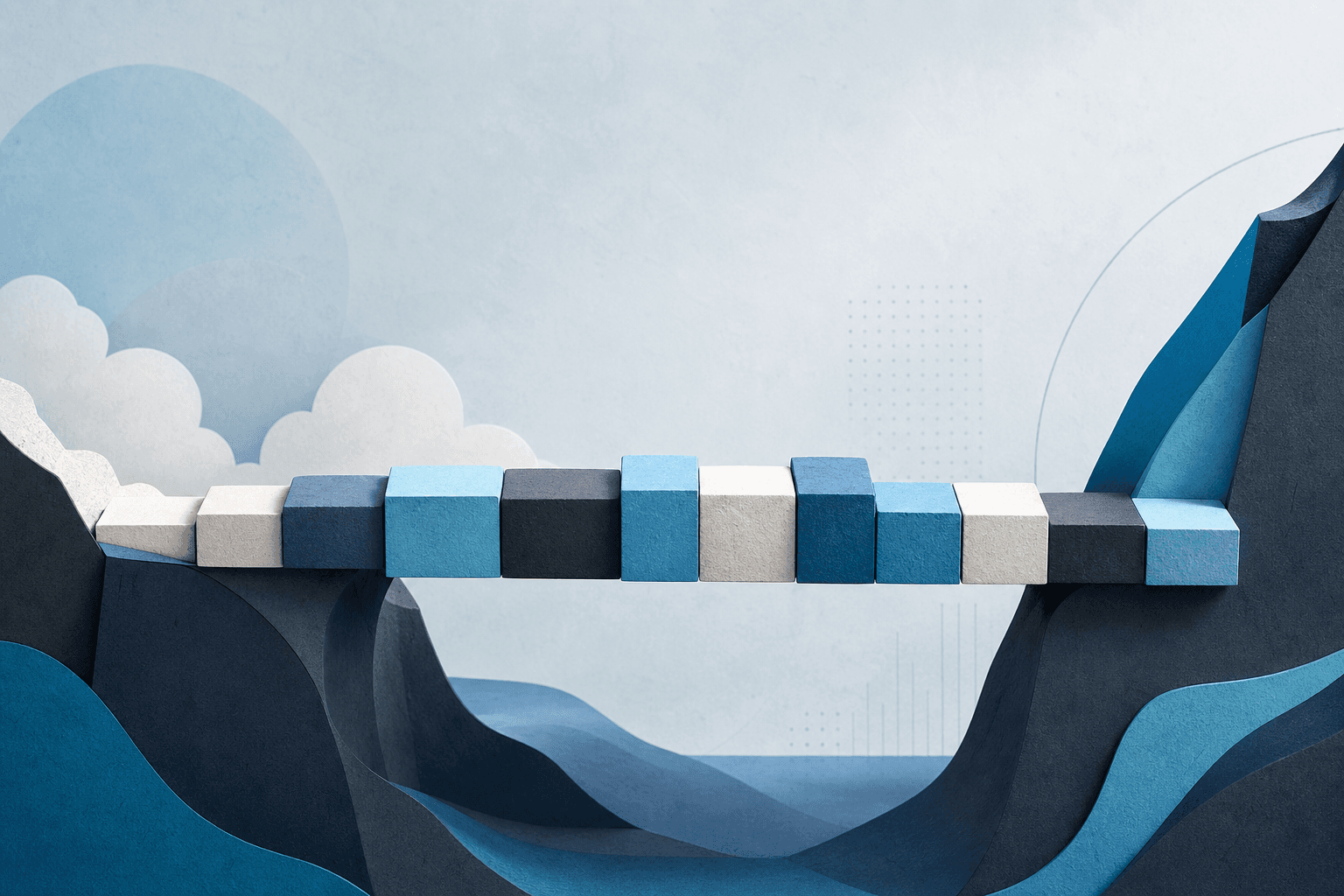 Editorial illustration of project blocks forming a bridge between uneven income peaks