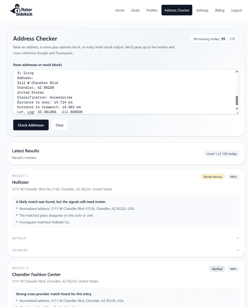 RaterSidekick verification result screen for TryRating addresses