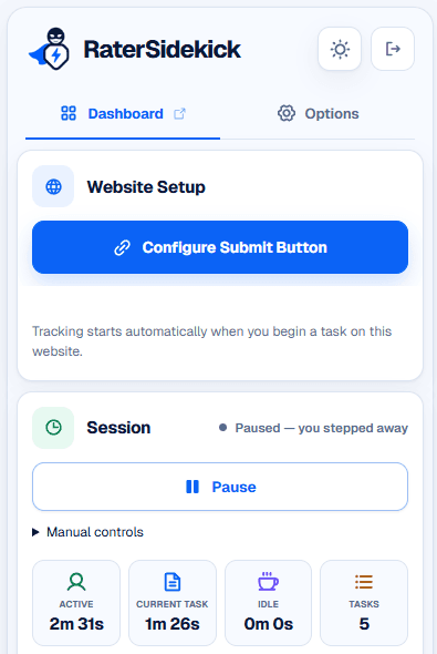 RaterSidekick browser extension popup with website setup, automatic session tracking, and active time, idle time, and task counters.