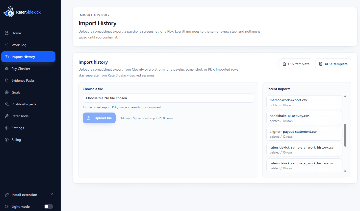 RaterSidekick import history page with CSV and XLSX upload, templates, and a list of recent imports.