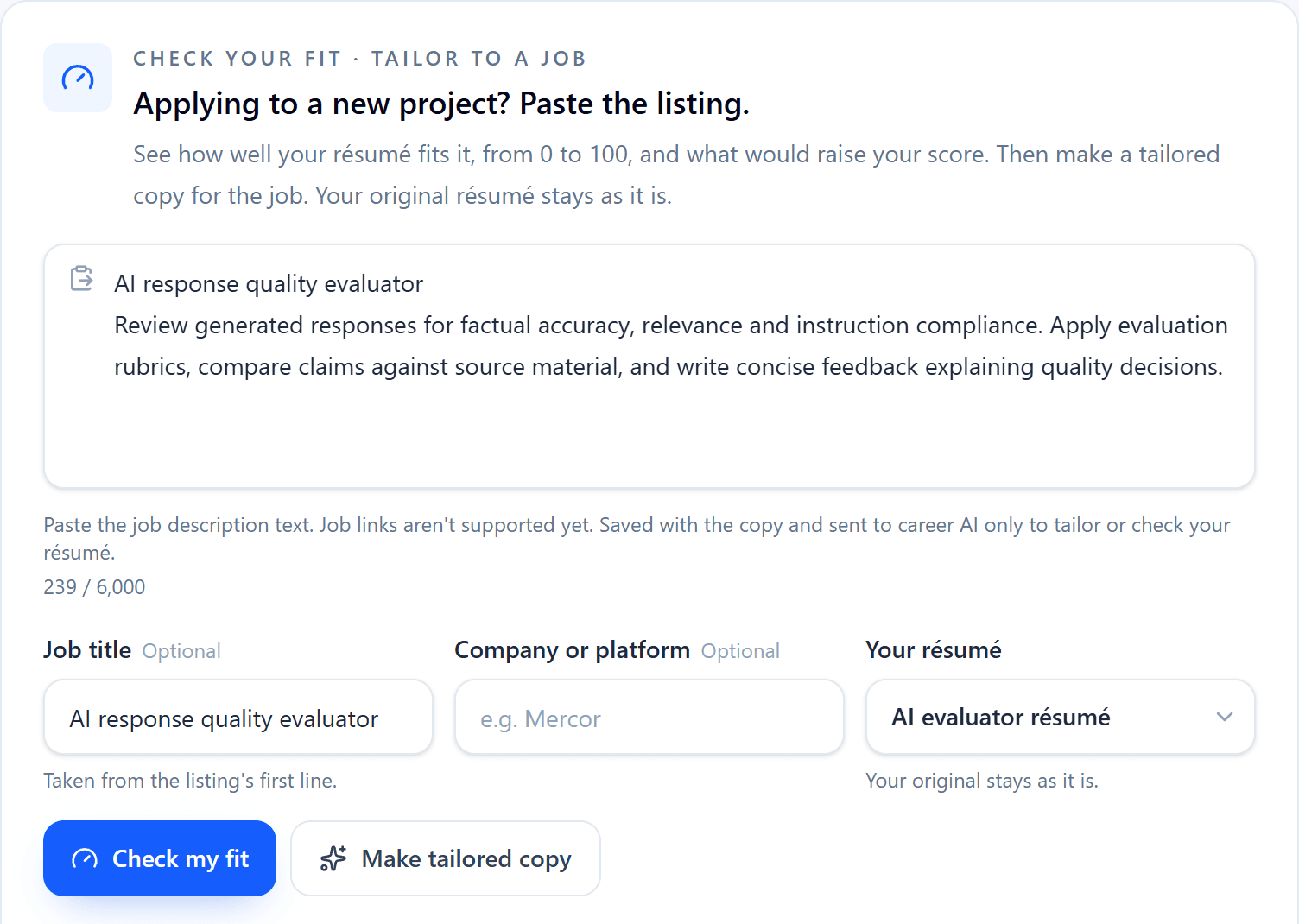 RaterSidekick's check your fit card with a pasted AI training listing, the chosen résumé, and the Check my fit and Make tailored copy buttons.