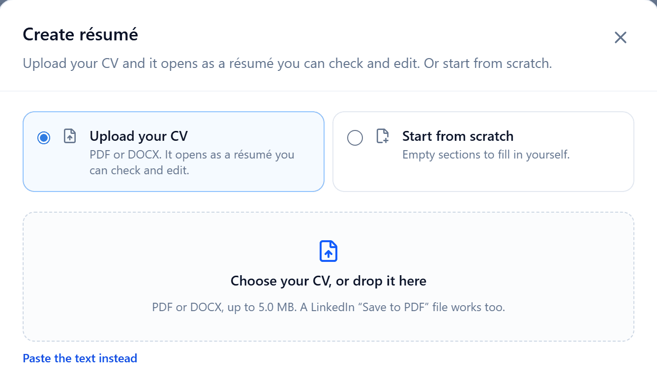 Create résumé in RaterSidekick: upload your CV as a PDF or DOCX, or start from scratch.