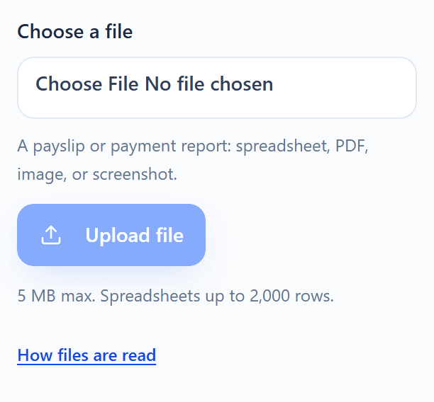 Pay Checker's upload screen for a payslip or payment report: a spreadsheet, PDF, image or screenshot up to 5 MB.